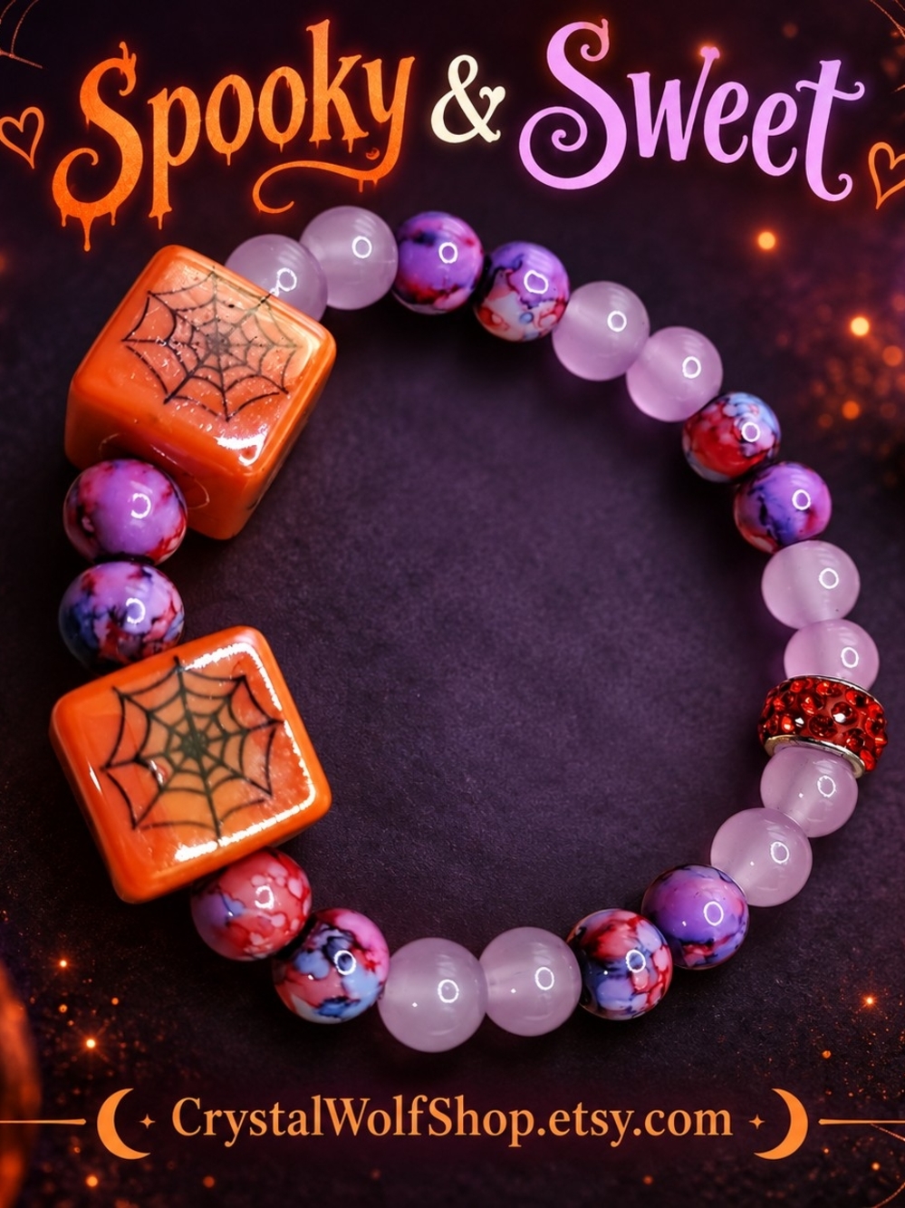 Spooky & Sweet Kids Halloween Beaded Bracelet - Purple & Orange